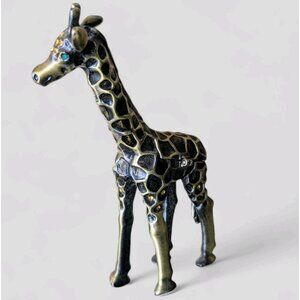 Hinged Enamel Giraffe Trinket Box Magnetic Closure Rhinestone Jeweled Green Eyes